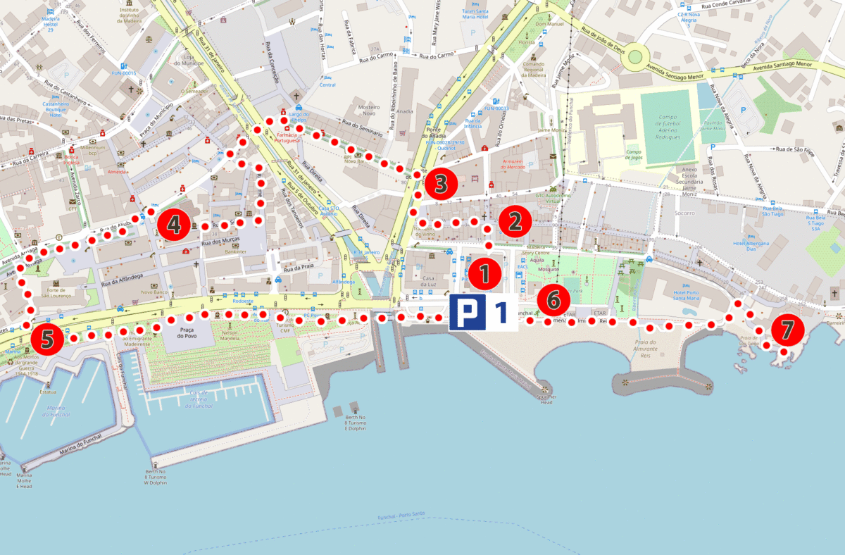 Funchal sightseeing plan map, attractions, monuments,