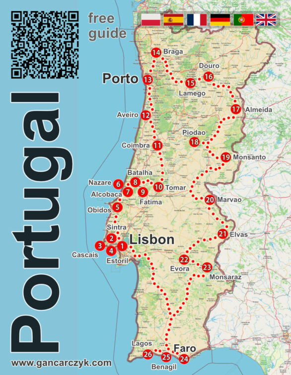 Mapa de Portugal com roteiro turístico e 26 atrações turísticas numeradas.