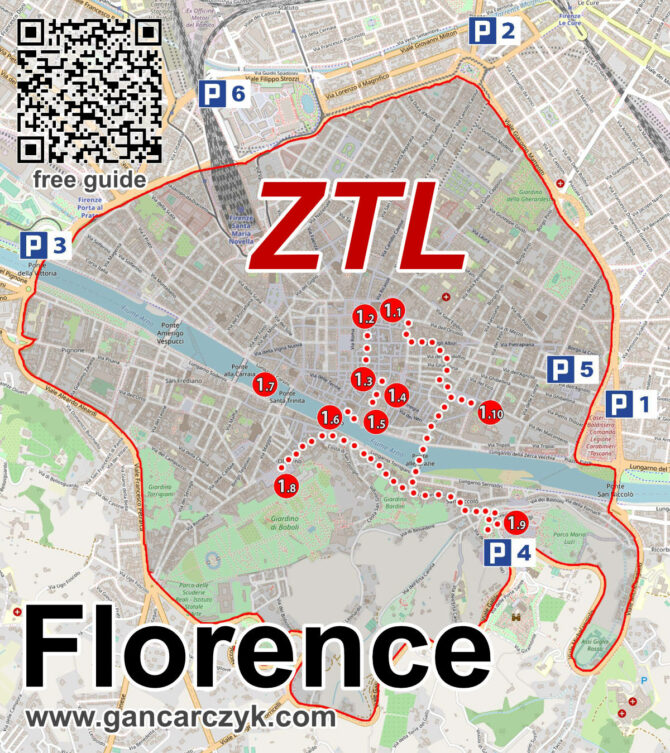 Mapa zóny ZTL (omezený provoz) ve Florencii s vyznačenými hranicemi zóny, přístupovými cestami a parkovišti