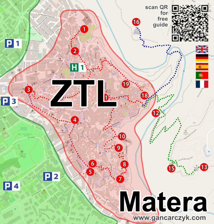 Mapa Matera we Włoszech z zaznaczoną strefą ZTL, parkingami oraz trasami zwiedzania historycznego centrum i Sassi.