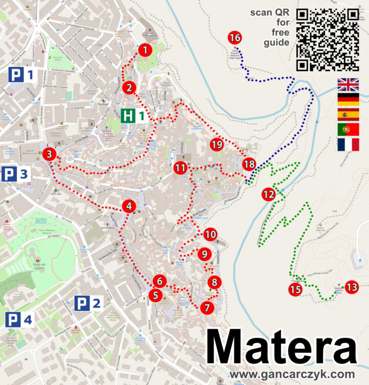 Mapa atrakcji Matera z zaznaczonymi trasami zwiedzania, parkingami, punktami widokowymi i najważniejszymi miejscami w historycznym centrum oraz dzielnicy Sassi.