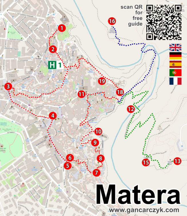 Mapa atrakcji Matery z trzema trasami zwiedzania i najważniejszymi punktami w Sassi oraz historycznym centrum.