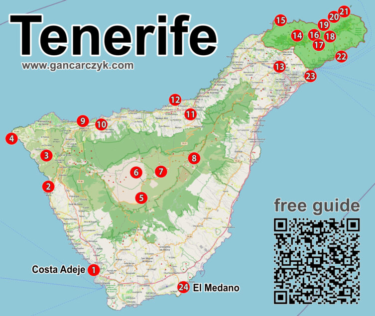 Mapa Teneryfy z zaznaczonymi 24 atrakcjami turystycznymi, m.in. Costa Adeje, El Médano, Teide, Masca i Anaga, oraz kodem QR prowadzącym do przewodnika po wyspie.