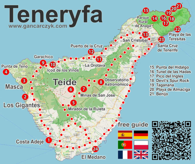 Karta över Teneriffa med markerade turistattraktioner, inklusive vulkanen Teide, Masca, klipporna Los Gigantes och Anaga Rural Park.
