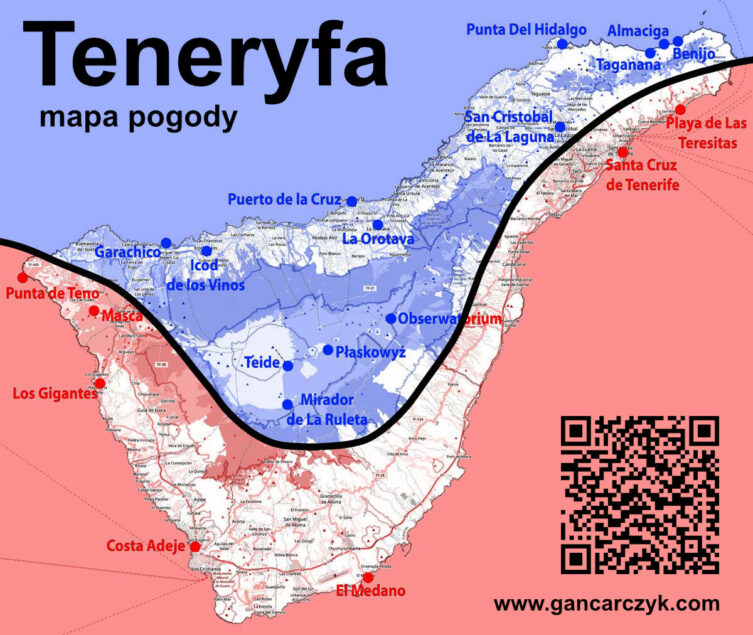 Mapa pogody Teneryfy z podziałem na chłodniejszą, niebieską północ i cieplejsze, czerwone południe oraz zaznaczonymi popularnymi miejscowościami i punktami widokowymi.