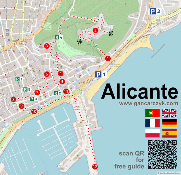 Mapa atrakcji Alicante z trasą pieszą zwiedzania 12 miejsc, parkingami P1–P2 i restauracjami R1–R5.