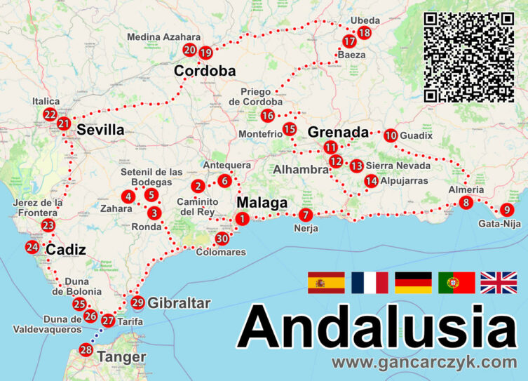 Mapa Andaluzji z zaznaczoną trasą zwiedzania i najważniejszymi atrakcjami, m.in. Malagą, Granadą, Sewillą, Kordobą, Kadyksem, Rondą, Almerią i Gibraltarze.
