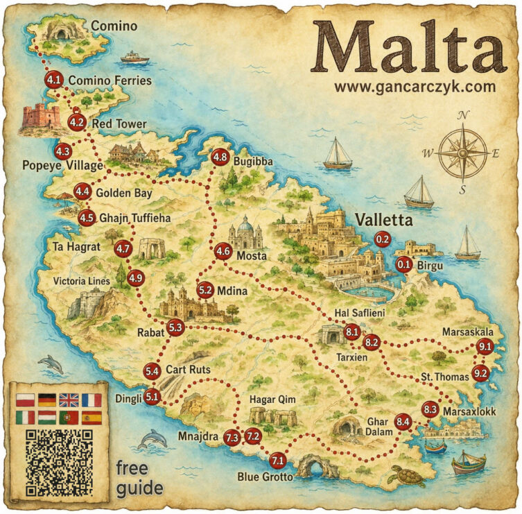 Mapa atrakcji Malty z zaznaczonymi najważniejszymi miejscami do zwiedzania, takimi jak Valletta, Mdina, Blue Grotto, Marsaxlokk, Popeye Village, Golden Bay, Mosta i Comino. Gotowy plan podróży po Malcie dla turystów.