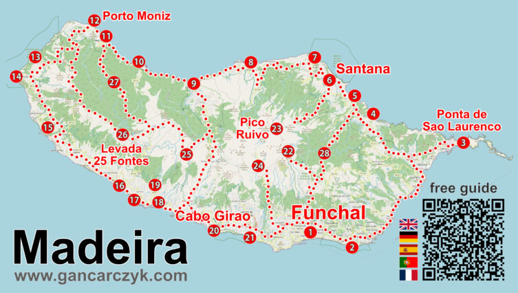 Mapa Madery z zaznaczoną czerwoną trasą zwiedzania prowadzącą przez najważniejsze atrakcje wyspy, m.in. Funchal, Ponta de São Lourenço, Pico Ruivo, Santanę, Porto Moniz, Levadę 25 Fontes i Cabo Girão.