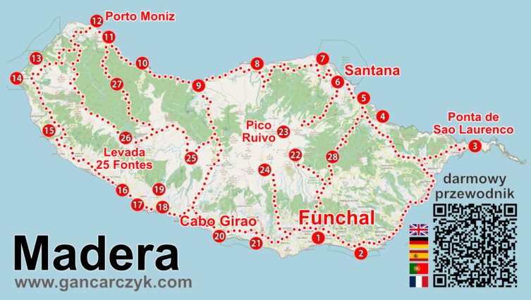 Mapa Madery z zaznaczoną czerwoną trasą zwiedzania prowadzącą przez najważniejsze atrakcje wyspy, m.in. Funchal, Ponta de São Lourenço, Pico Ruivo, Santanę, Porto Moniz, Levadę 25 Fontes i Cabo Girão.