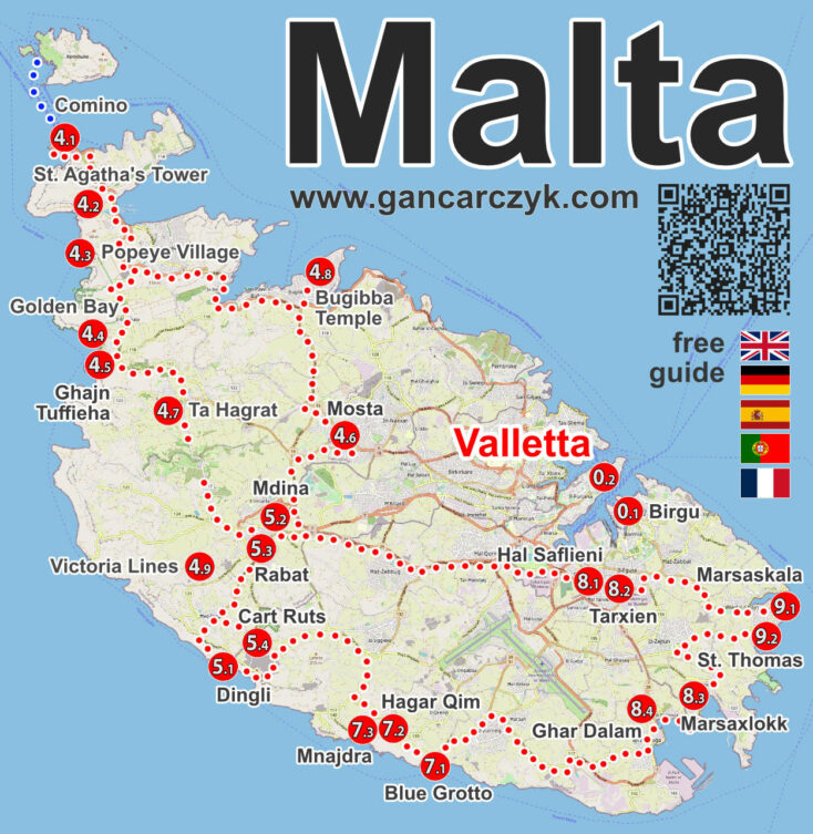 Mapa atrakcji Malty z najważniejszymi miejscami, trasami zwiedzania i lokalizacją Valletty, Mdiny, Birgu, Marsaxlokk, Blue Grotto oraz Comino.