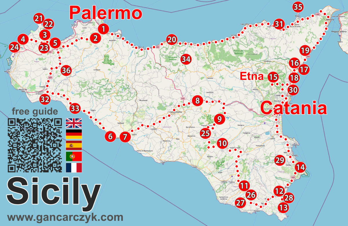 Mapa atrakcji Sycylii z głównego przewodnika (1–20) i dodatkowymi miejscami 21–35