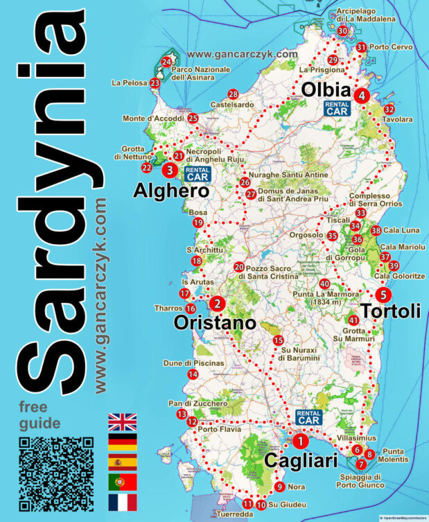 Mapa Sardynii z 41 najważniejszymi atrakcjami, miastami i trasą zwiedzania wyspy