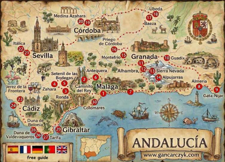 Zabytkowa, ilustrowana mapa turystyczna Andaluzji (Hiszpania) z zaznaczoną trasą i atrakcjami z przewodnika gancarczyk.com