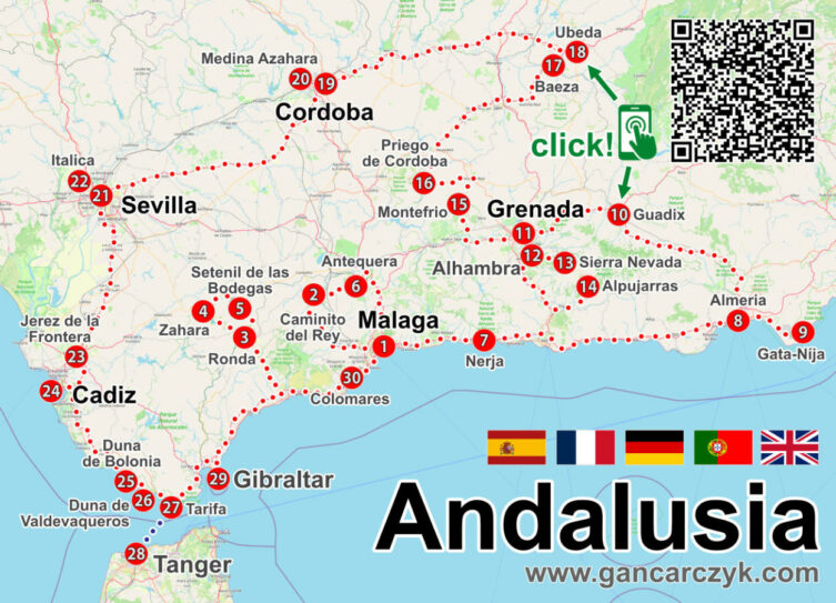 Interaktywna mapa NaviG PDF z atrakcjami Andaluzji, kodem QR i numerowaną trasą zwiedzania od gancarczyk.com