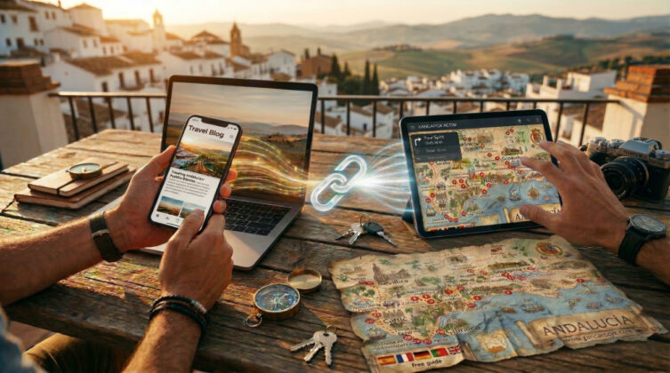 Widok z góry na drewniany stół, na którym smartfon z blogiem podróżniczym łączy się świecącym hologramem linku z tabletem wyświetlającym mapę NaviG PDF. Na stole leży fizyczna, postarzona mapa Andaluzji z ilustracjami miast Sevilla, Granada i Malaga, kompas oraz klucze do samochodu. W tle słoneczne andaluzyjskie miasteczko podczas złotej godziny