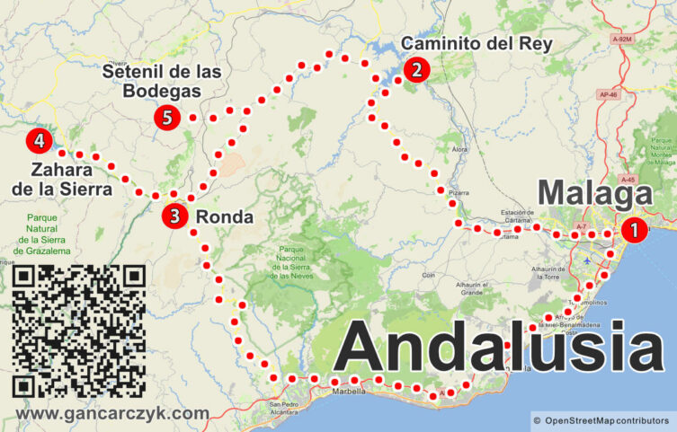 Mapa trasy zwiedzania Andaluzja: Malaga – Caminito del Rey – Ronda – Zahara de la Sierra – Setenil de las Bodegas