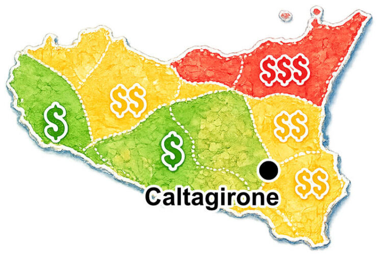 **ALT:** Mapa Sycylii z zaznaczonym Caltagirone i orientacyjnymi kosztami noclegów w poszczególnych regionach wyspy.