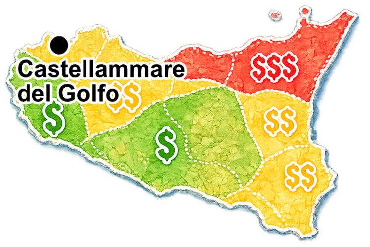 Mapa Sycylii z zaznaczonym Castellammare del Golfo oraz orientacyjnymi kosztami noclegów w różnych częściach wyspy.