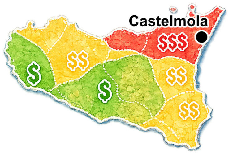 Mapa Sycylii z zaznaczoną Castelmolą oraz orientacyjnymi kosztami noclegów w poszczególnych regionach wyspy.
