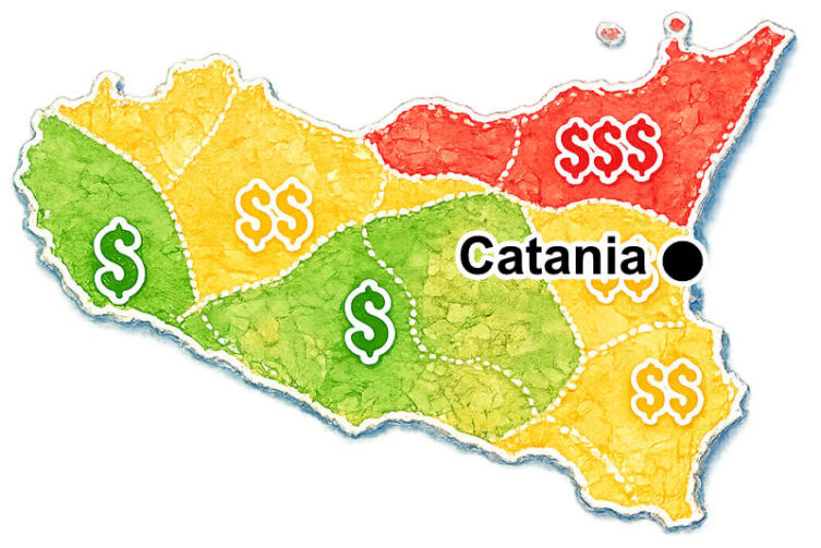 Mapa Sycylii z zaznaczoną Catanią oraz orientacyjnymi kosztami noclegów w poszczególnych regionach wyspy.