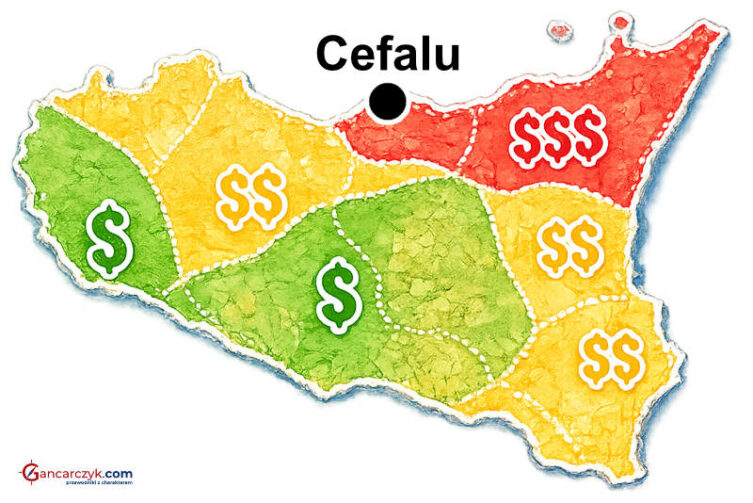 Mapa Sycylii z zaznaczonym Cefalu oraz orientacyjnymi kosztami noclegów w poszczególnych regionach wyspy.