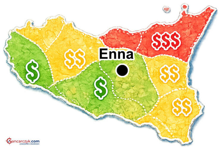 Mapa Sycylii z zaznaczoną Enna oraz orientacyjnymi kosztami noclegów w poszczególnych regionach wyspy.