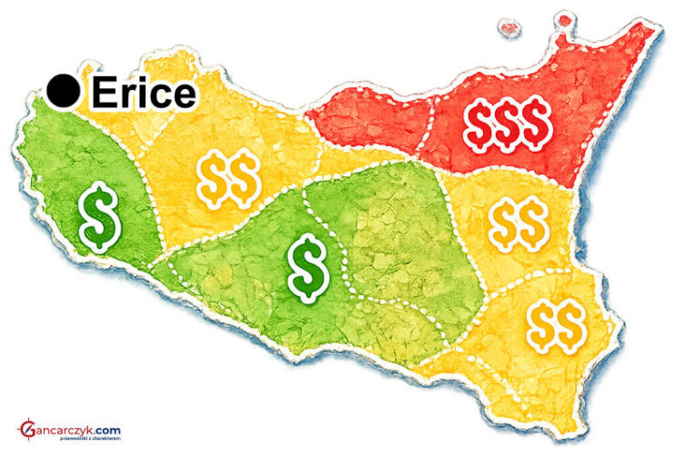 Mapa Sycylii z zaznaczonym Erice oraz orientacyjnymi kosztami noclegów w poszczególnych regionach wyspy.