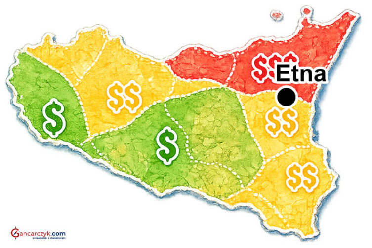 Mapa Sycylii z zaznaczoną Etną oraz orientacyjnymi kosztami noclegów w poszczególnych regionach wyspy.