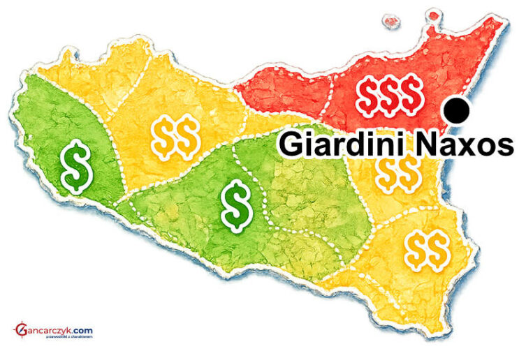 Mapa Sycylii z zaznaczoną Giardini Naxos oraz orientacyjnymi kosztami noclegów w poszczególnych regionach wyspy.