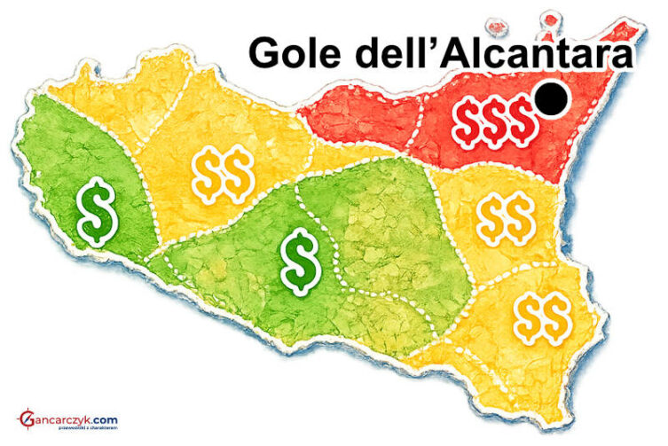 Mapa Sycylii z zaznaczonym Wąwozem Alcantara oraz orientacyjnymi kosztami noclegów w poszczególnych regionach wyspy