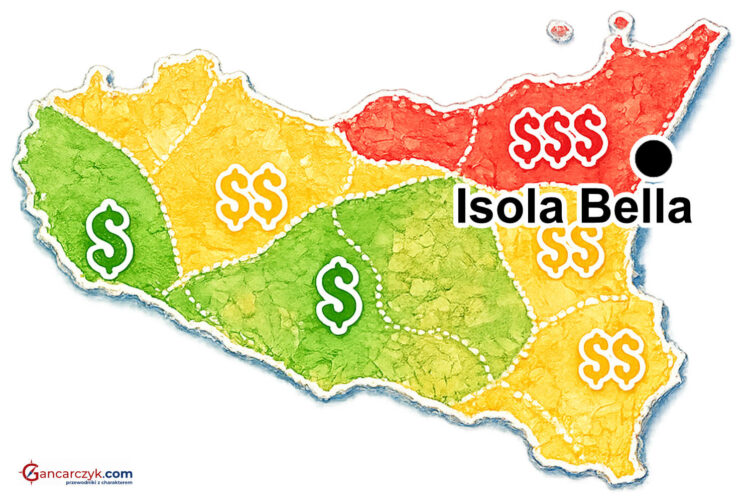 Mapa Sycylii z zaznaczoną Isola Bella oraz orientacyjnymi kosztami noclegów w poszczególnych regionach wyspy.