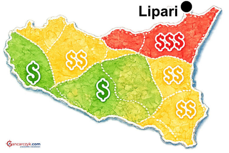Mapa Sycylii z zaznaczoną wyspą Lipari oraz orientacyjnymi kosztami noclegów w poszczególnych regionach wyspy.