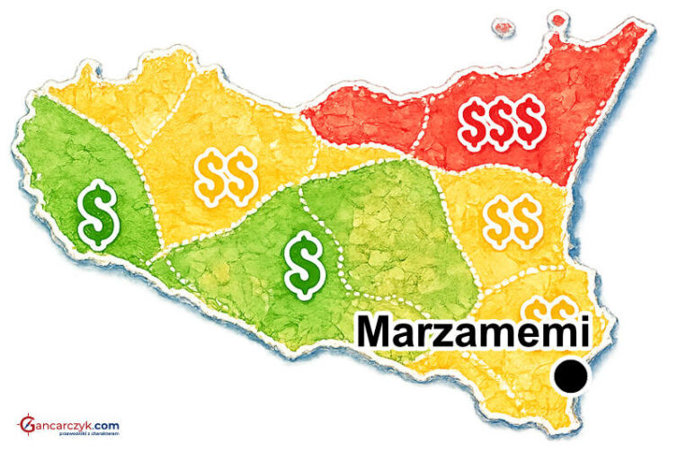 Mapa Sycylii z zaznaczonym Marzamemi oraz orientacyjnymi kosztami noclegów w poszczególnych regionach wyspy.