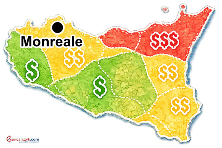 Mapa Sycylii z zaznaczonym Monreale oraz orientacyjnymi kosztami noclegów w poszczególnych regionach wyspy