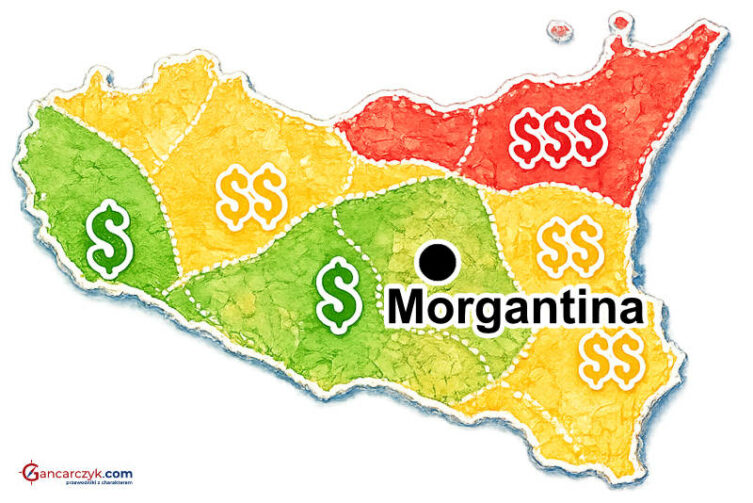 Mapa Sycylii z zaznaczoną Morgantiną oraz orientacyjnymi kosztami noclegów w poszczególnych regionach wyspy
