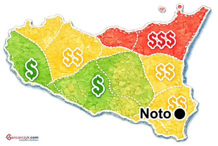 Mapa Sycylii z zaznaczonym Noto oraz orientacyjnymi kosztami noclegów w poszczególnych regionach wyspy