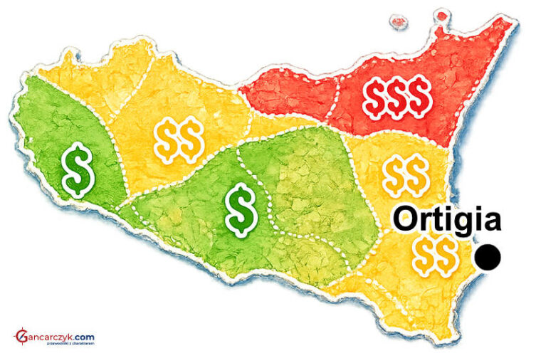 Mapa Sycylii z zaznaczoną Ortigią oraz orientacyjnymi kosztami noclegów w poszczególnych regionach wyspy