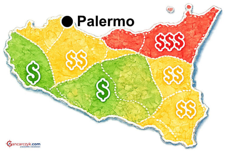 Mapa Sycylii z zaznaczonym Palermo oraz orientacyjnymi kosztami noclegów w poszczególnych regionach wyspy