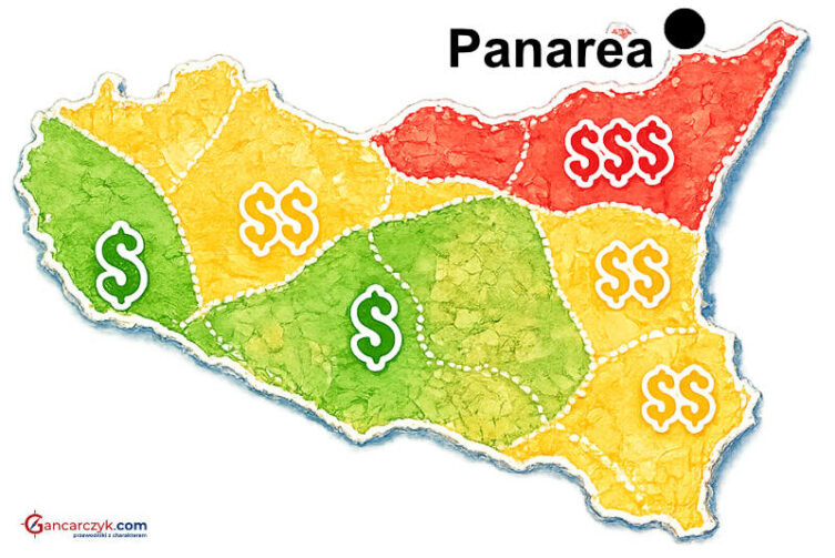 Mapa Sycylii z zaznaczoną wyspą Panarea oraz orientacyjnymi kosztami noclegów w poszczególnych regionach wyspy