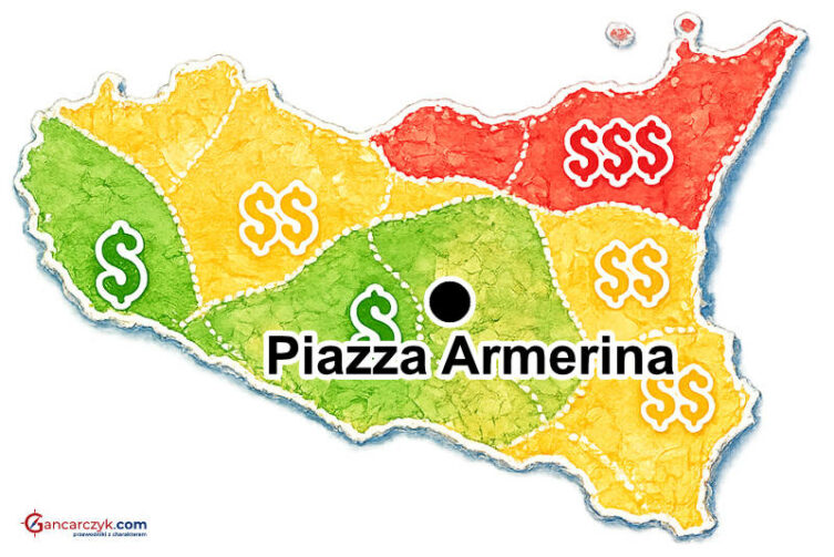 Mapa Sycylii z zaznaczoną Piazza Armerina oraz orientacyjnymi kosztami noclegów w poszczególnych regionach wyspy