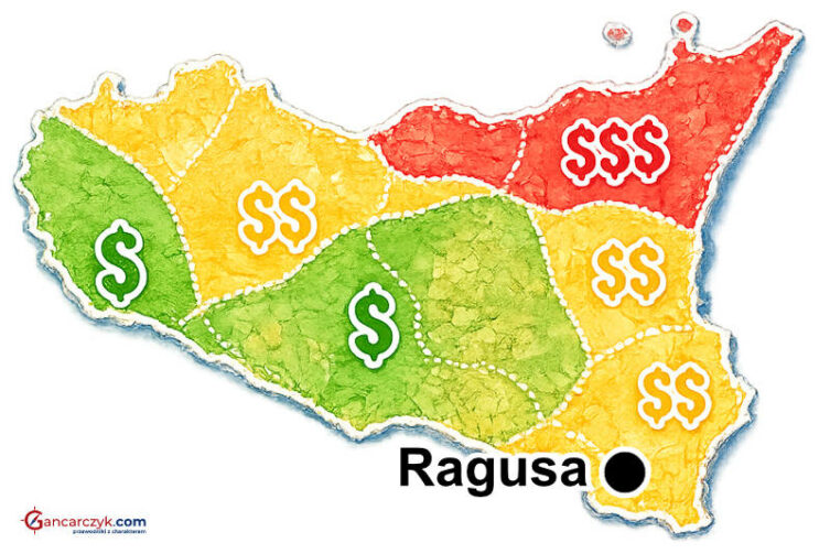 Mapa Sycylii z zaznaczoną Ragusą oraz orientacyjnymi kosztami noclegów w poszczególnych regionach wyspy