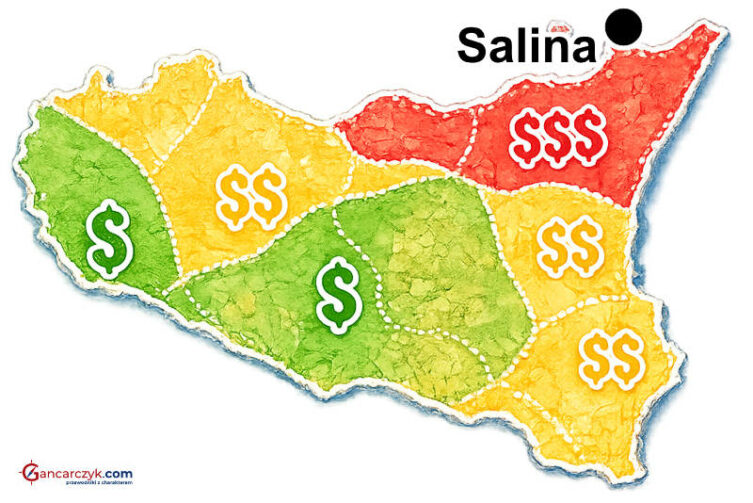 Mapa Sycylii z zaznaczoną Saliną oraz orientacyjnymi kosztami noclegów w poszczególnych regionach wyspy