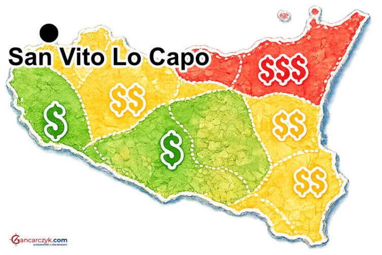 Mapa Sycylii z zaznaczonym San Vito Lo Capo oraz orientacyjnymi kosztami noclegów w poszczególnych regionach wyspy