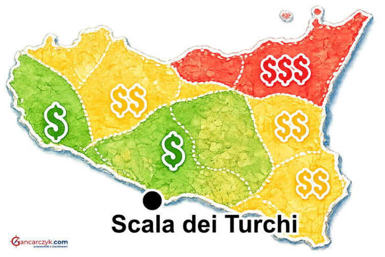 Mapa Sycylii z zaznaczonymi Schodami Turków oraz orientacyjnymi kosztami noclegów w poszczególnych regionach wyspy