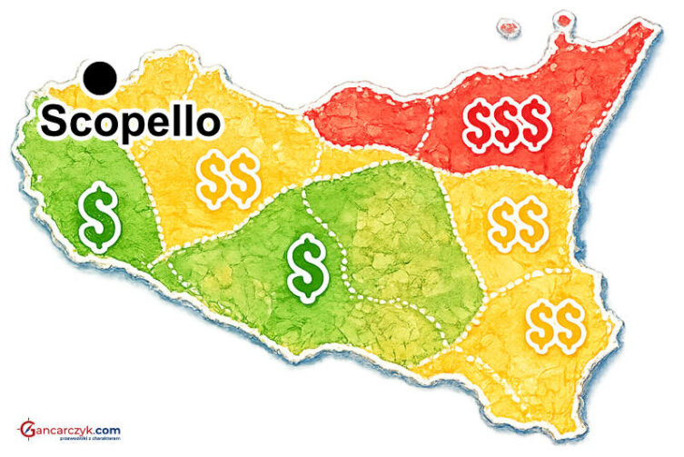 Mapa Sycylii z zaznaczonym Scopello oraz orientacyjnymi kosztami noclegów w poszczególnych regionach wyspy