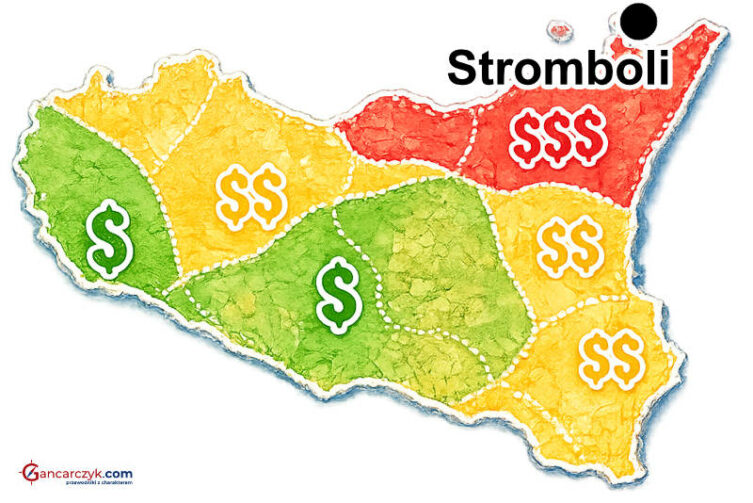 Mapa Sycylii z zaznaczonym Stromboli oraz orientacyjnymi kosztami noclegów w poszczególnych regionach wyspy