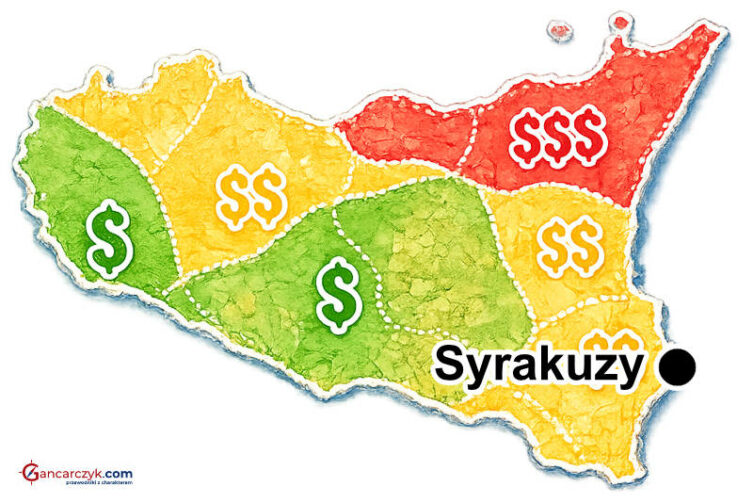 Mapa Sycylii z zaznaczonymi Syrakuzami oraz orientacyjnymi kosztami noclegów w poszczególnych regionach wyspy