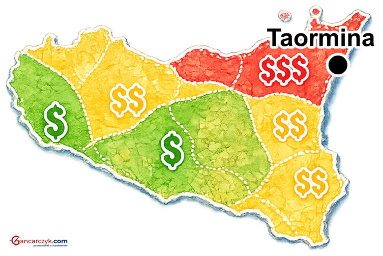 Mapa Sycylii z zaznaczoną Taorminą oraz orientacyjnymi kosztami noclegów w poszczególnych regionach wyspy