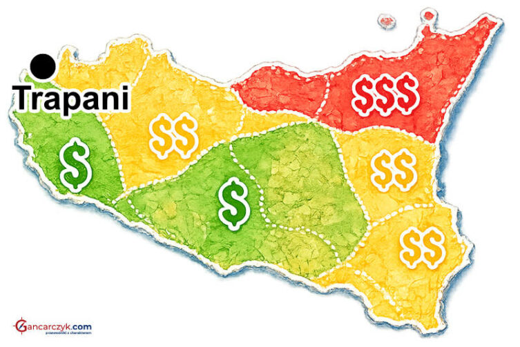 Mapa Sycylii z zaznaczonym Trapani oraz orientacyjnymi kosztami noclegów w poszczególnych regionach wyspy